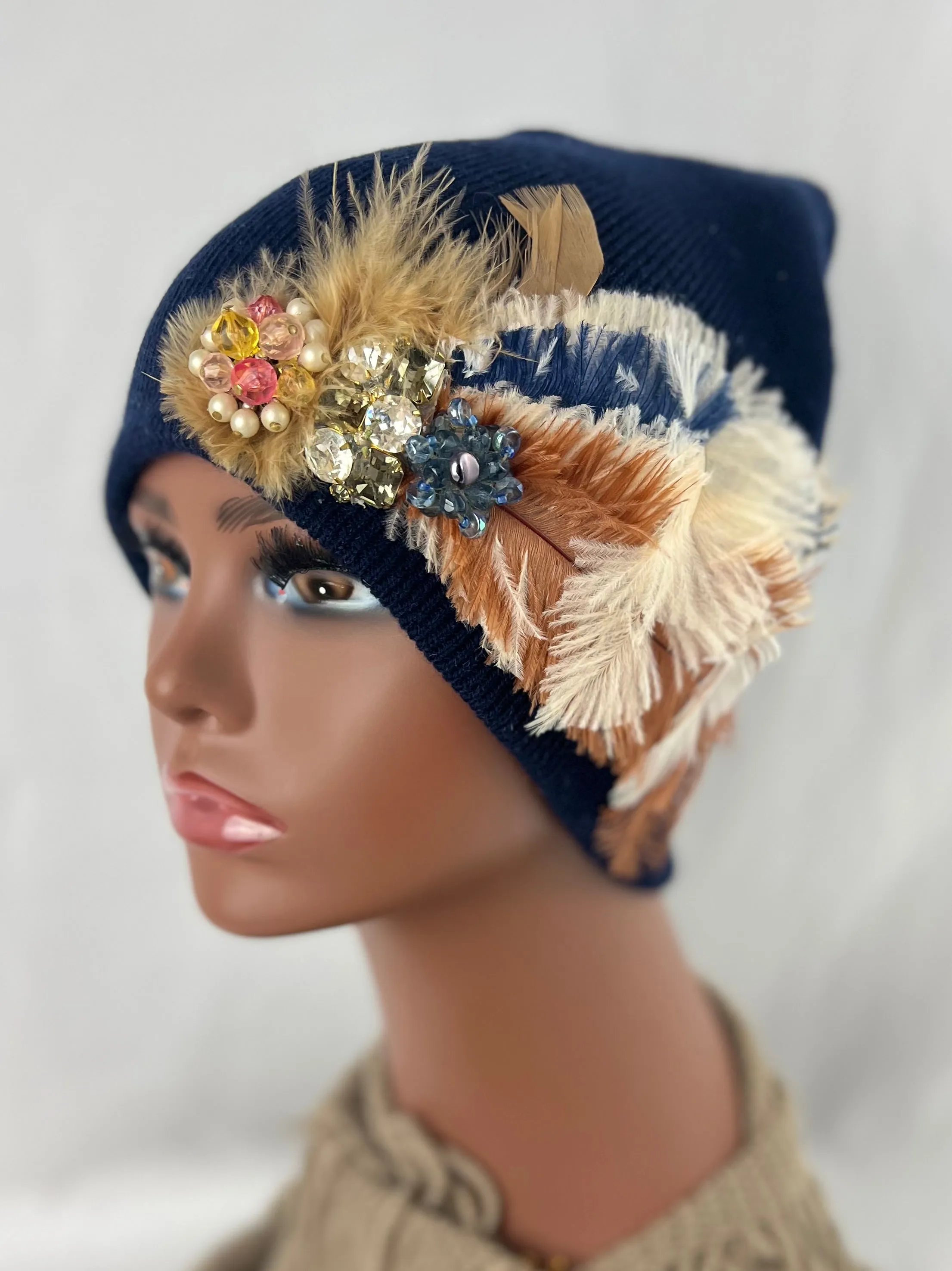 MIDNIGHT BLUE COLLECTION - Embellished Feathered & Vintage Jeweled Knit Hats