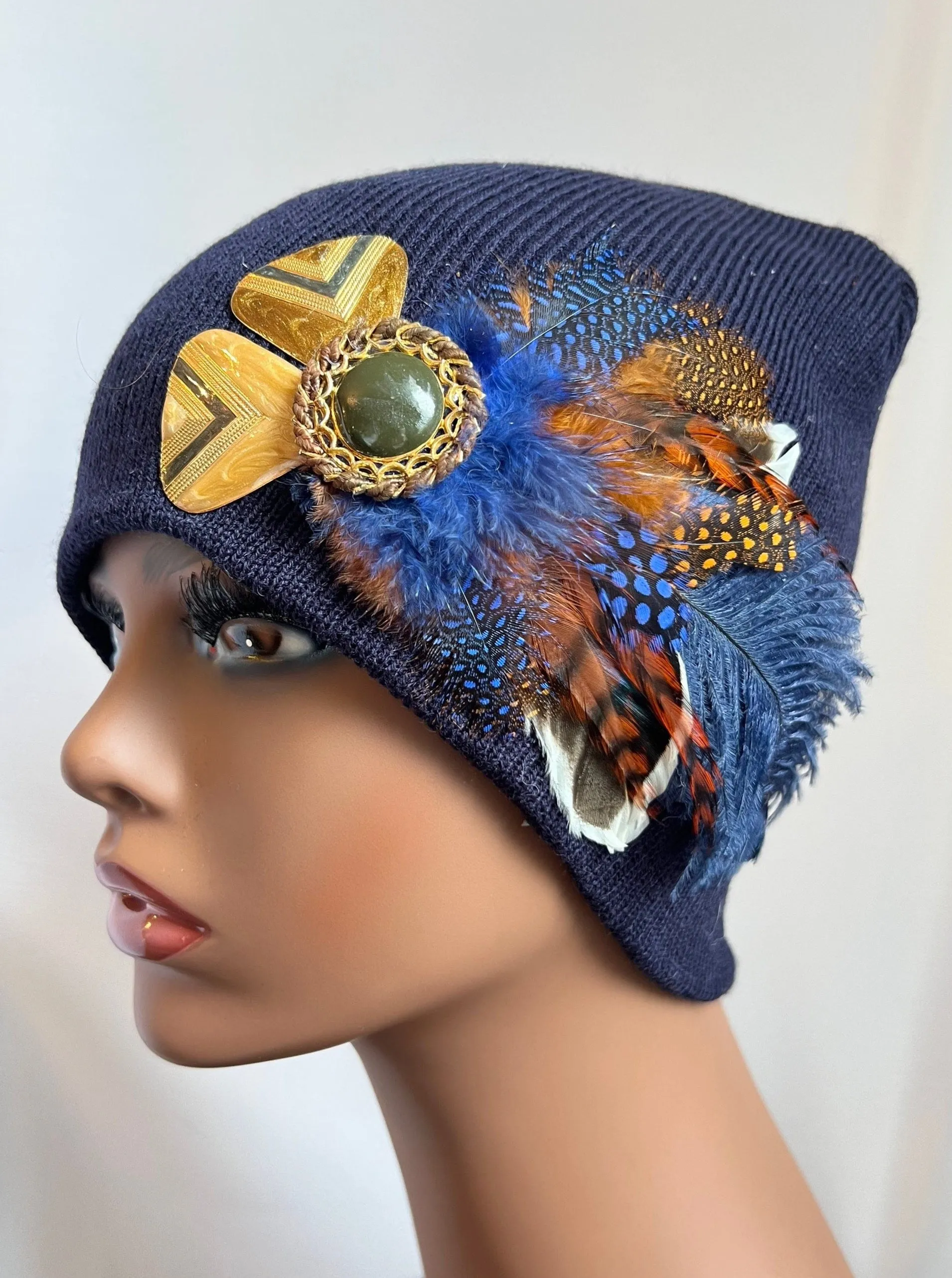 MIDNIGHT BLUE COLLECTION - Embellished Feathered & Vintage Jeweled Knit Hats