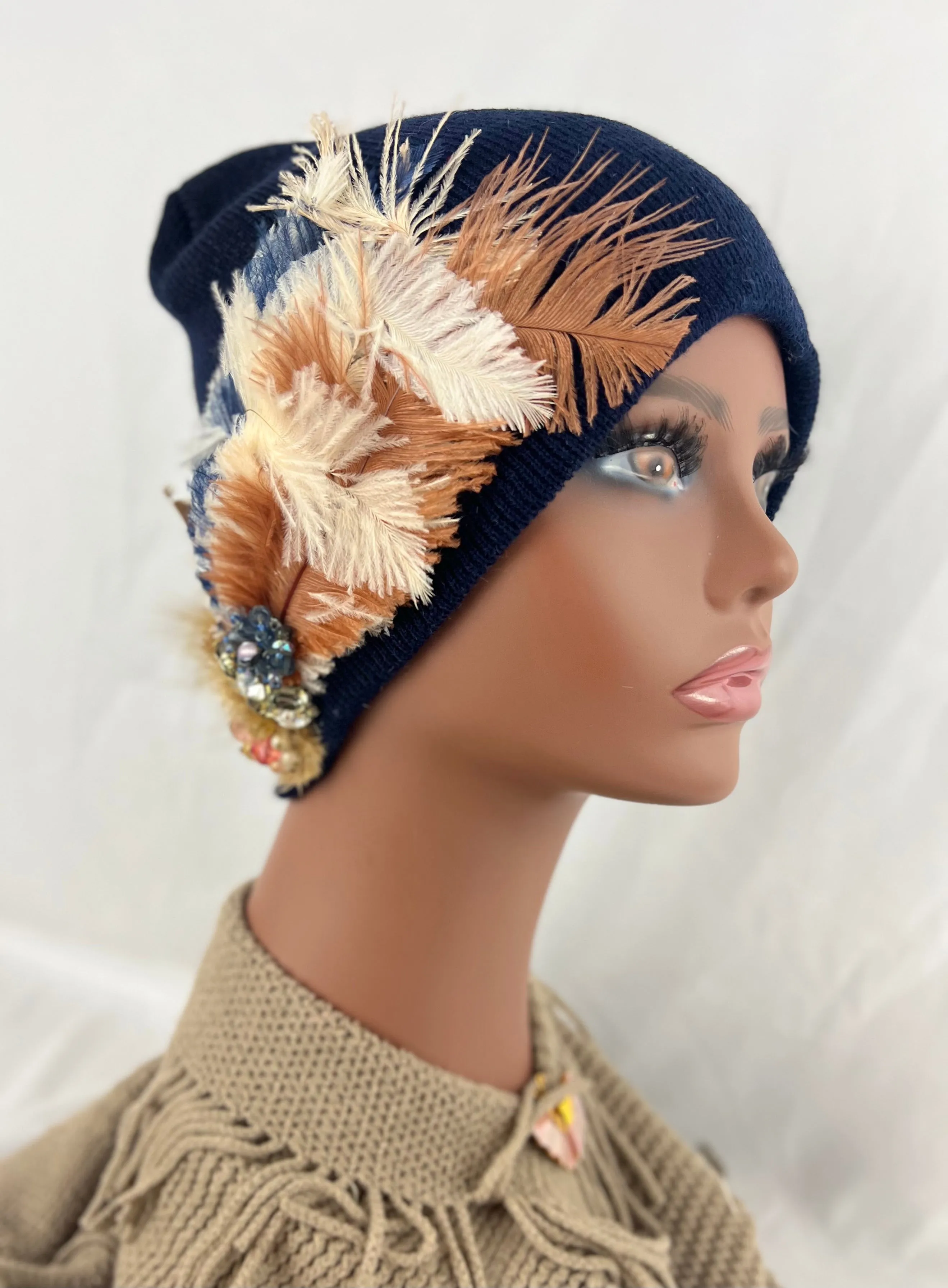 MIDNIGHT BLUE COLLECTION - Embellished Feathered & Vintage Jeweled Knit Hats