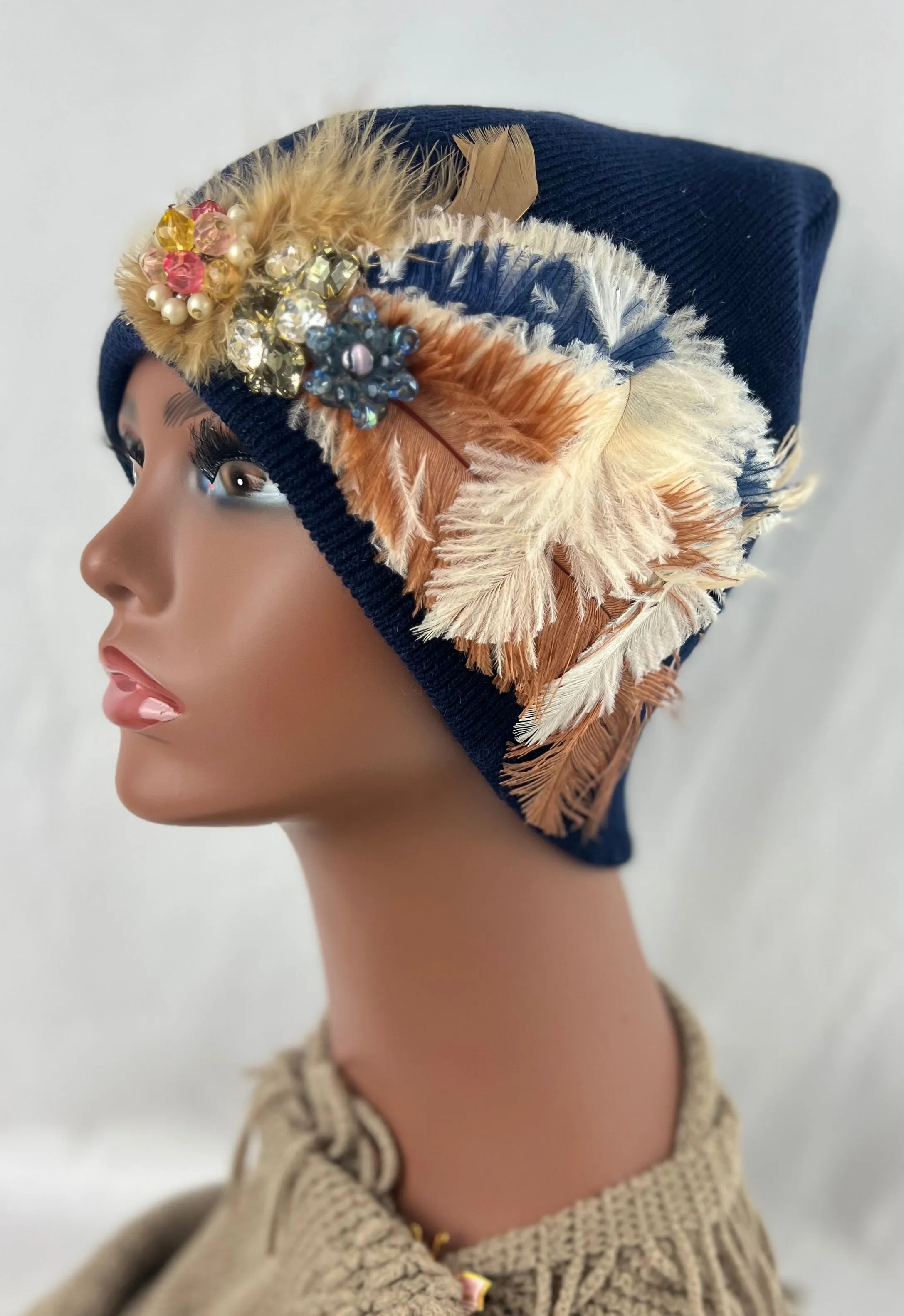 MIDNIGHT BLUE COLLECTION - Embellished Feathered & Vintage Jeweled Knit Hats