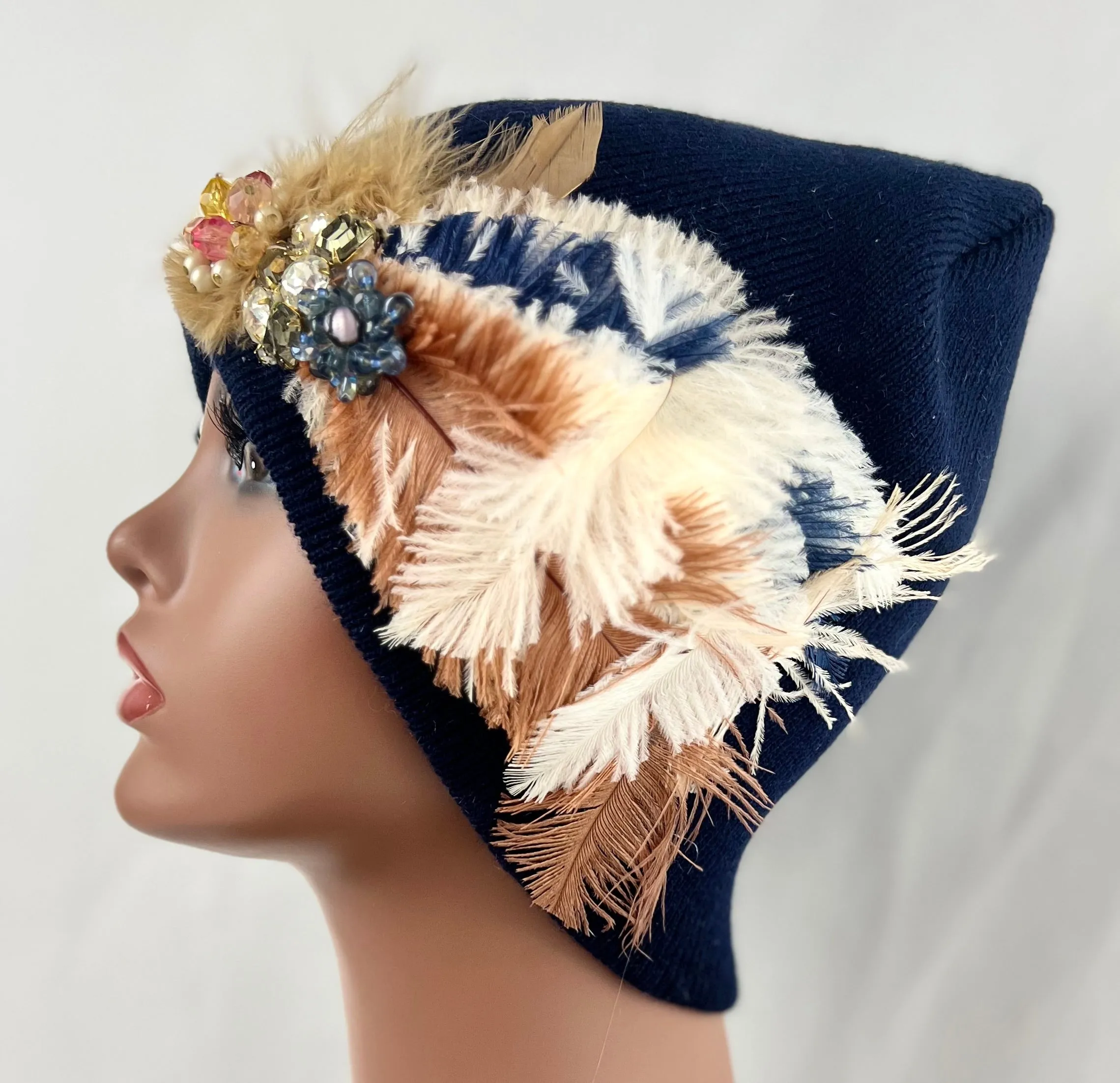 MIDNIGHT BLUE COLLECTION - Embellished Feathered & Vintage Jeweled Knit Hats