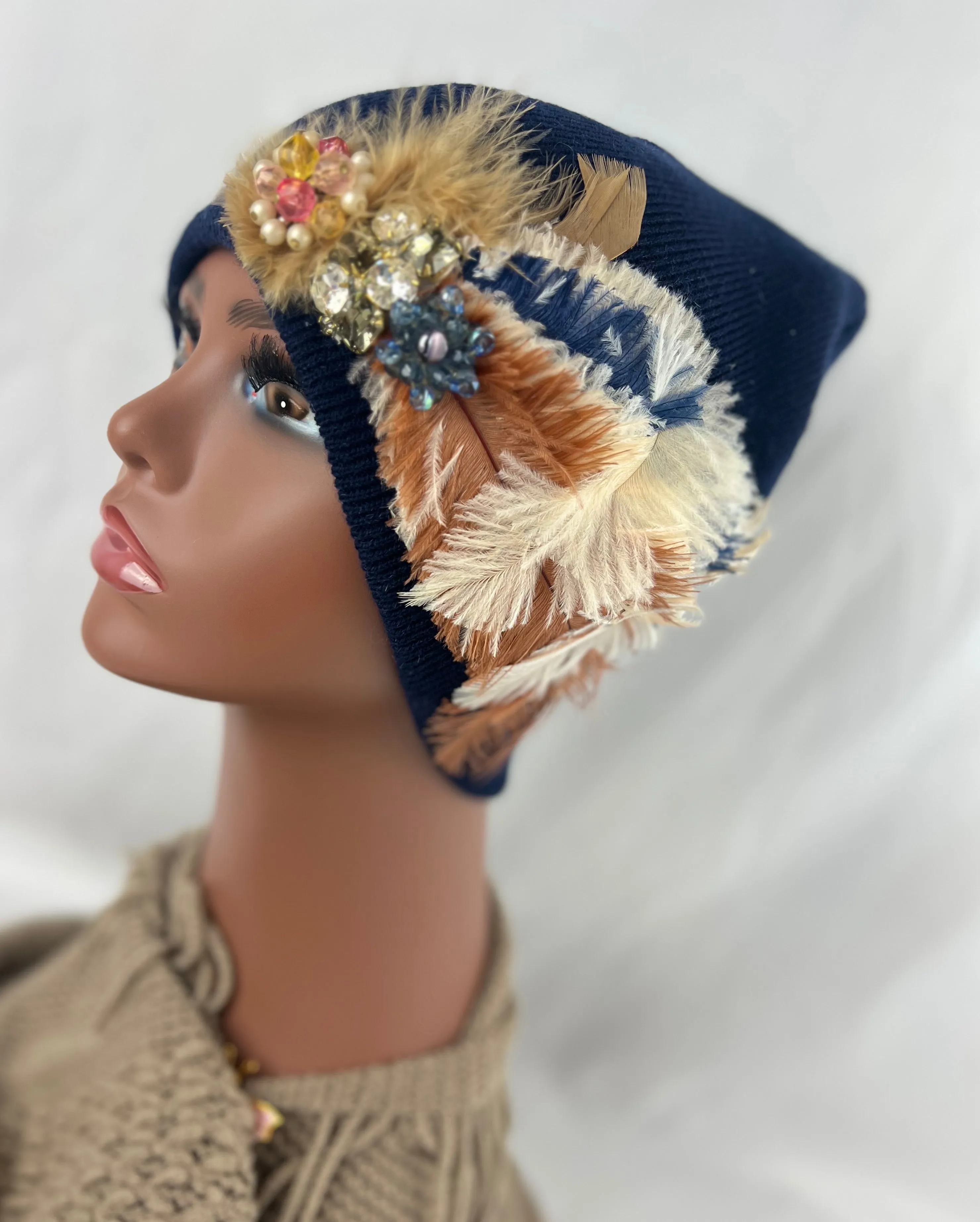 MIDNIGHT BLUE COLLECTION - Embellished Feathered & Vintage Jeweled Knit Hats