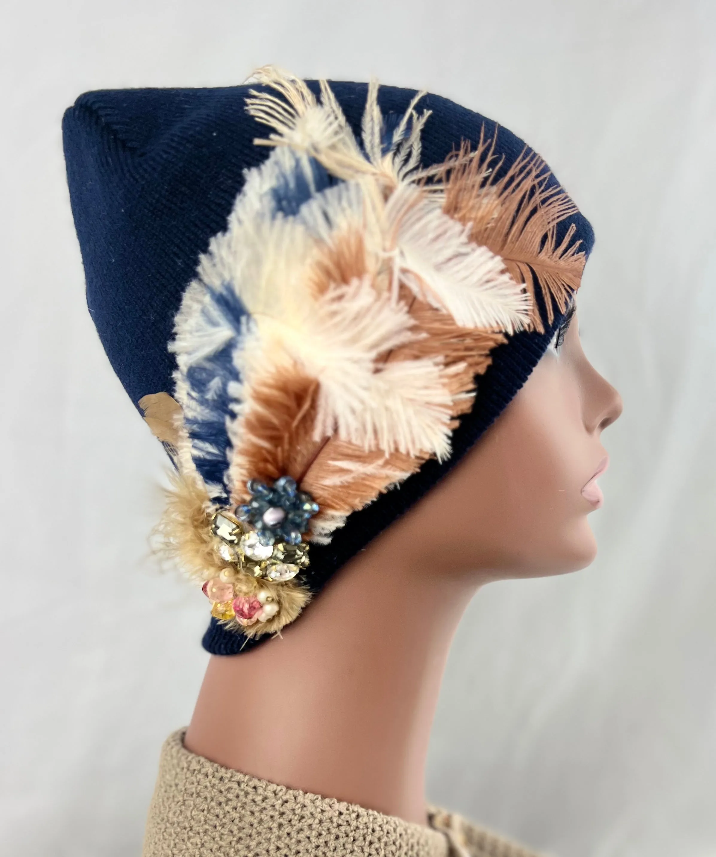 MIDNIGHT BLUE COLLECTION - Embellished Feathered & Vintage Jeweled Knit Hats