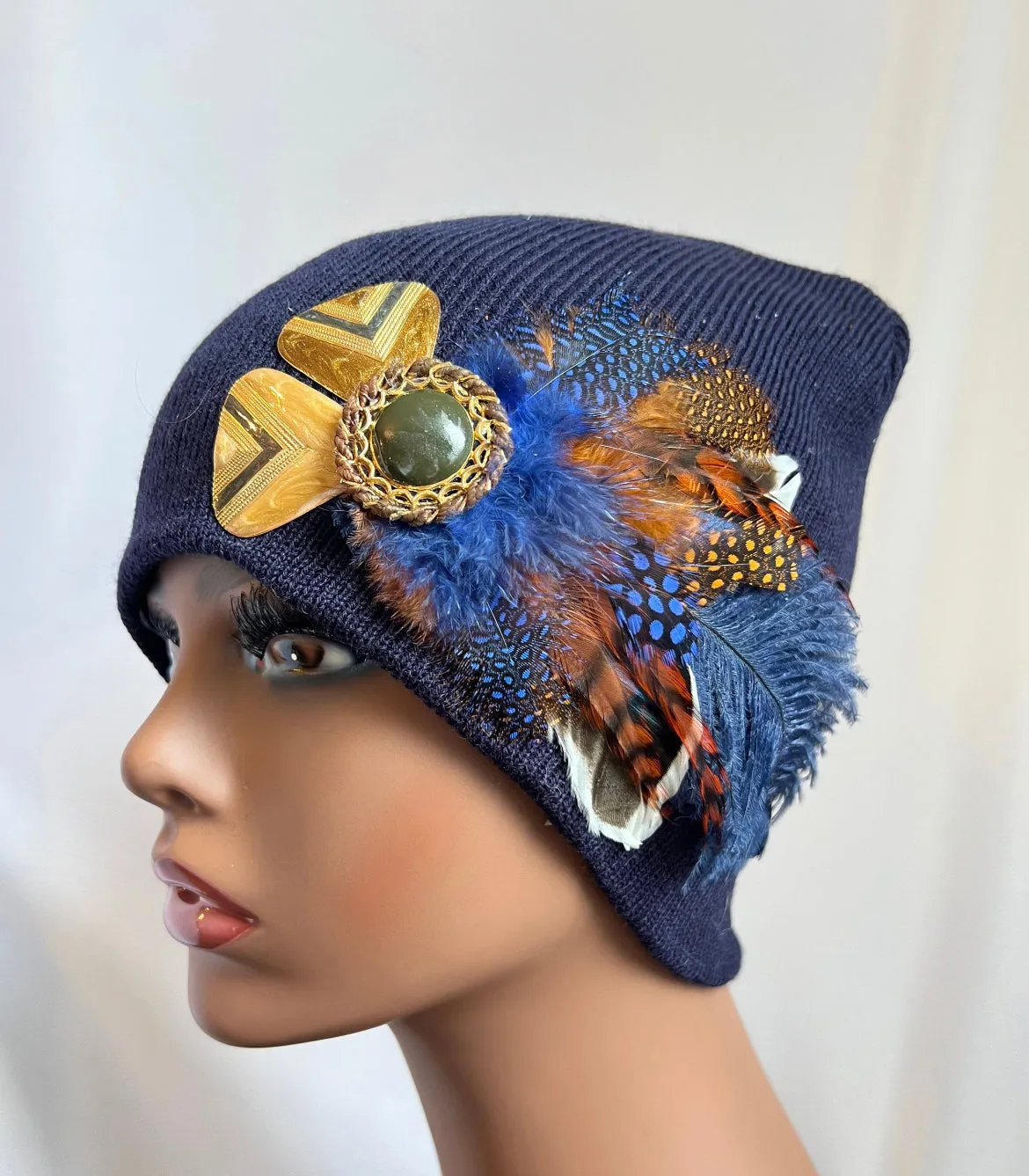 MIDNIGHT BLUE COLLECTION - Embellished Feathered & Vintage Jeweled Knit Hats