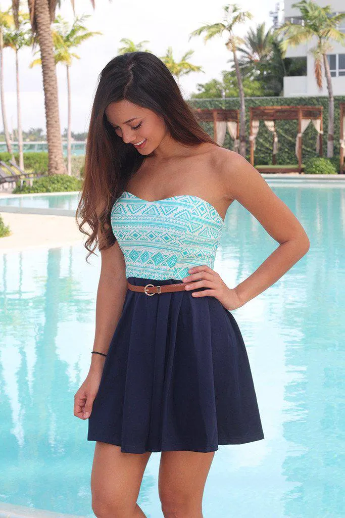 Mint and Navy Short Dress with Belt