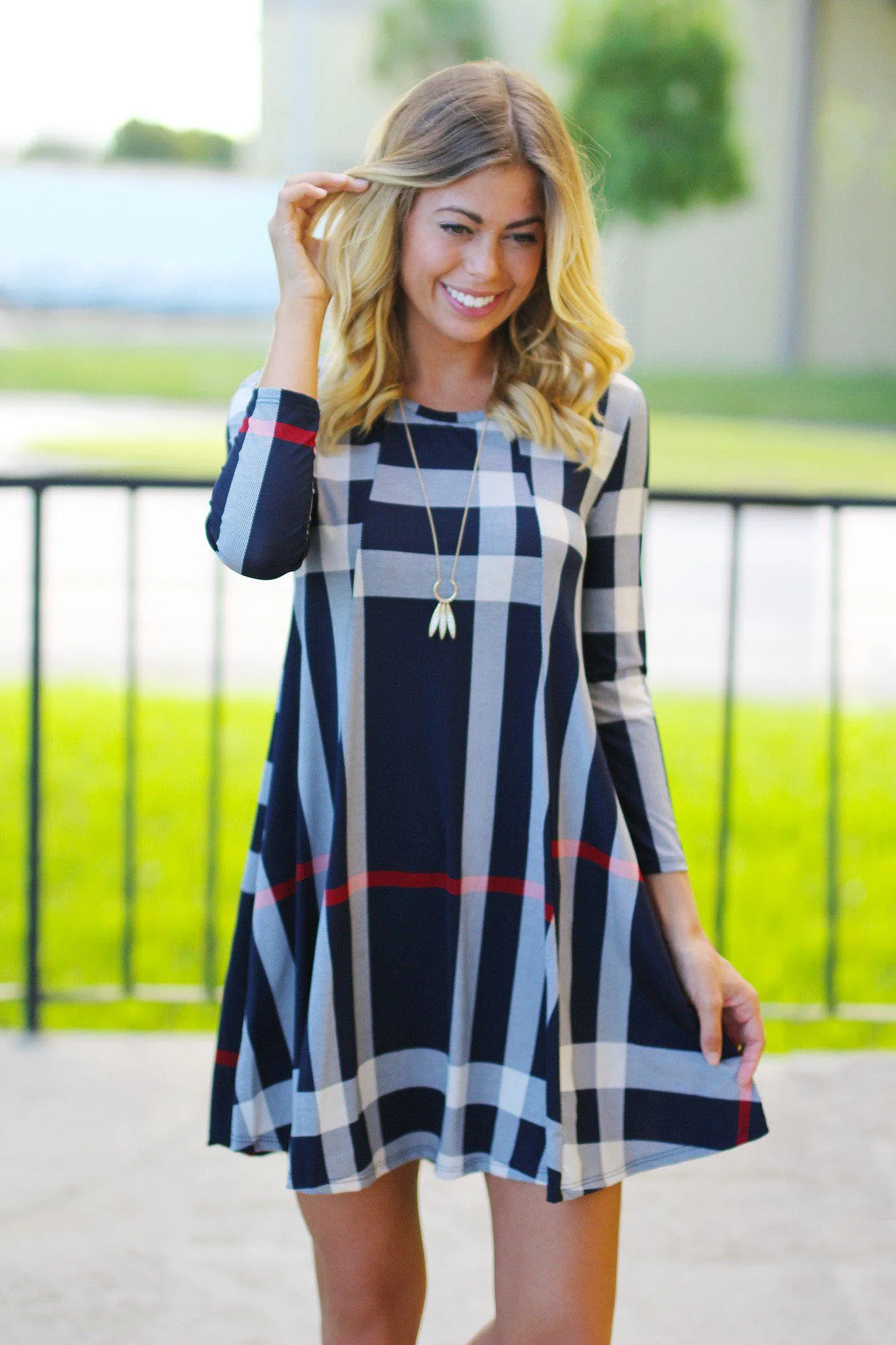 Navy Check Print Short Dress with 3/4 Sleeves