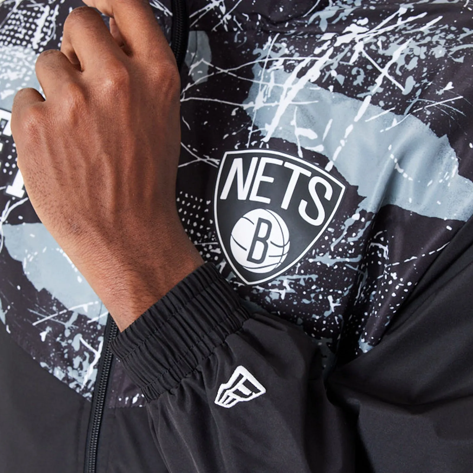 New Era Mens Brooklyn Nets All Over Pattern Panel Track Jacket - Black