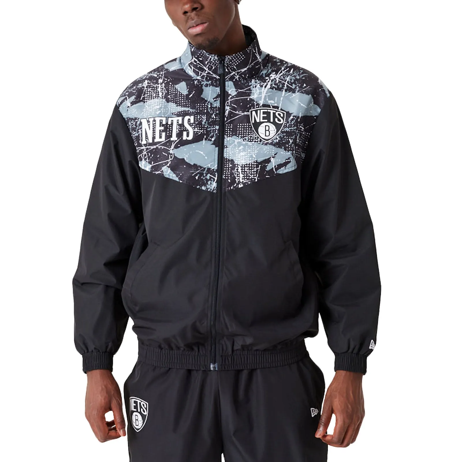 New Era Mens Brooklyn Nets All Over Pattern Panel Track Jacket - Black