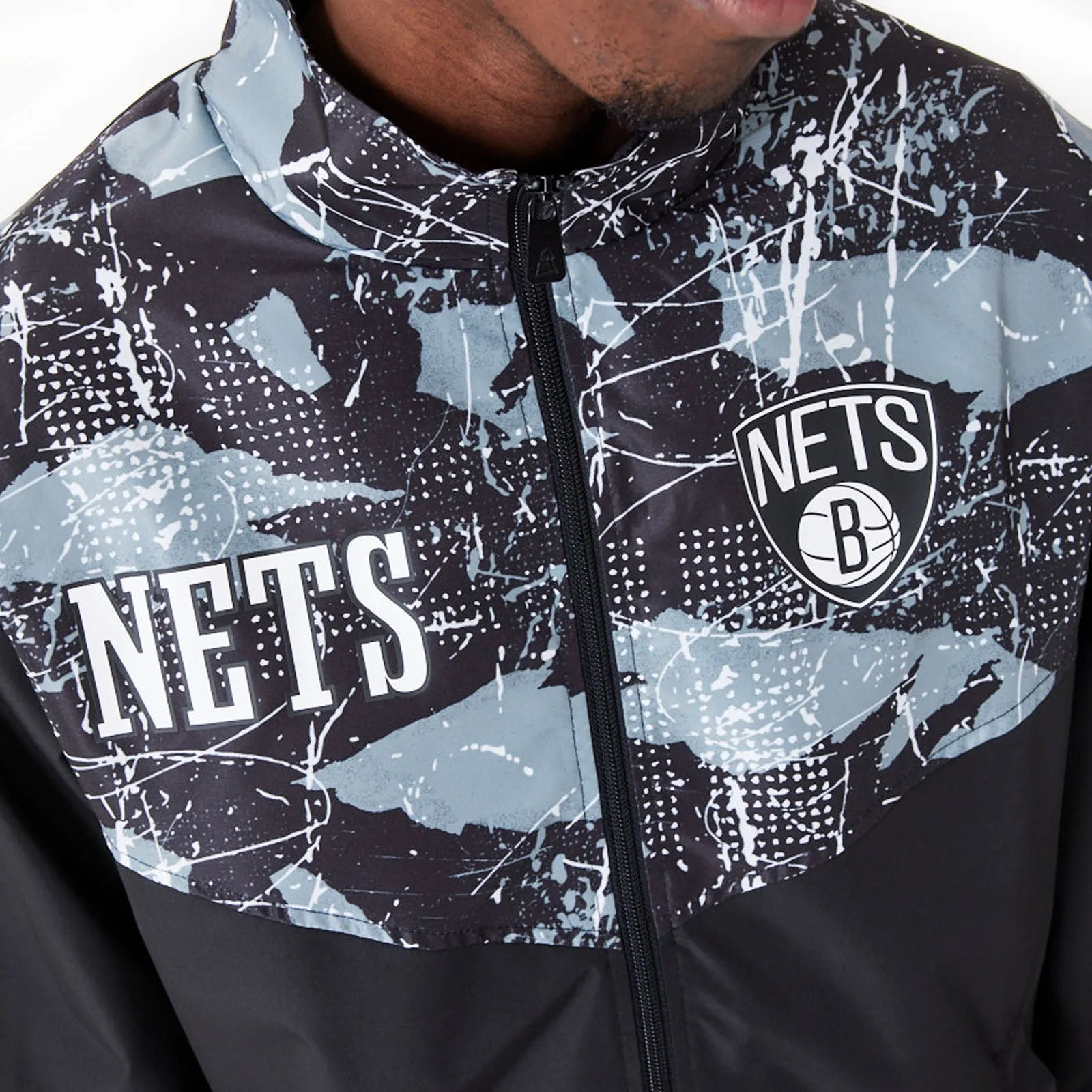 New Era Mens Brooklyn Nets All Over Pattern Panel Track Jacket - Black