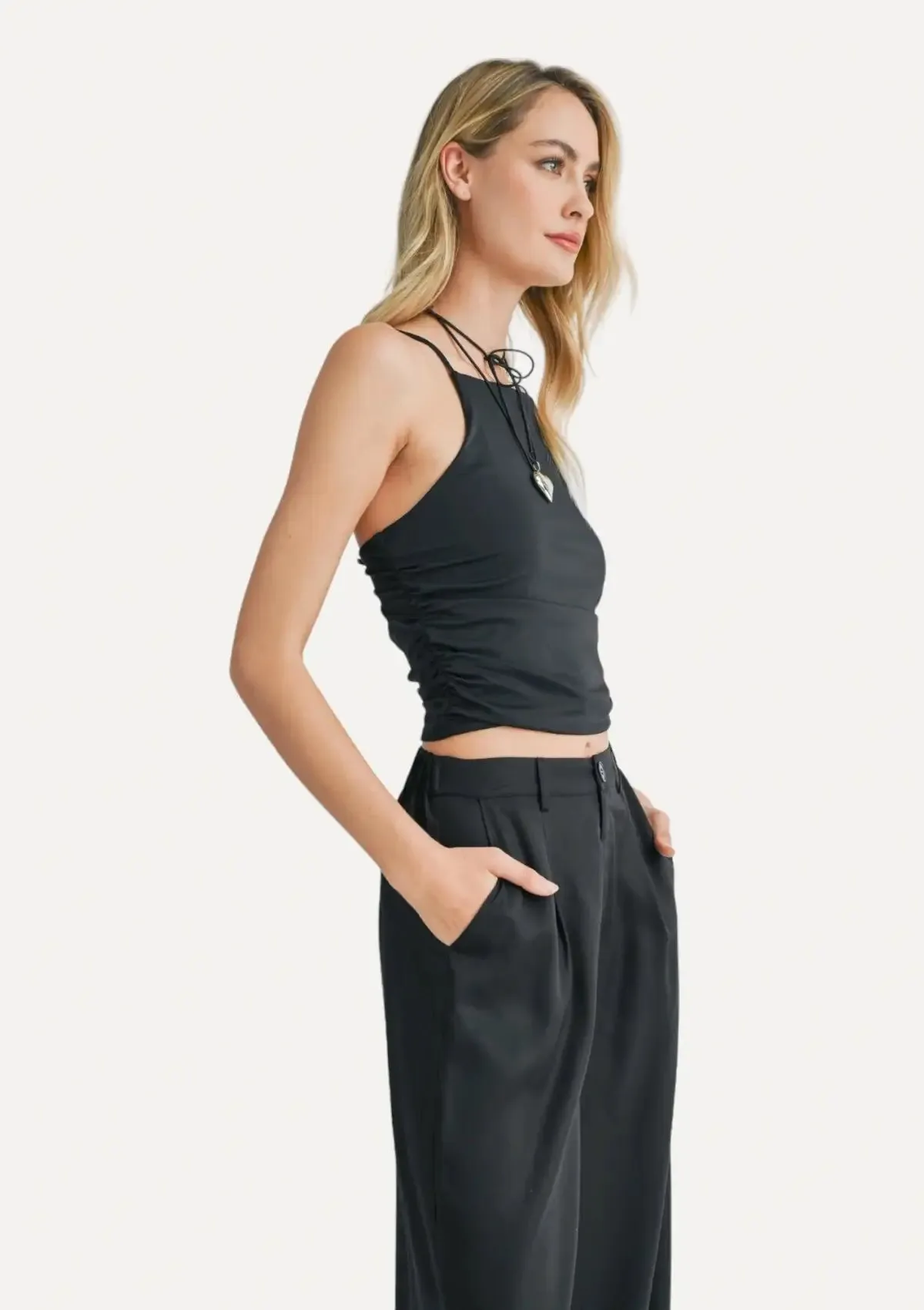 On Point Ruched Knit Tank Top - Black