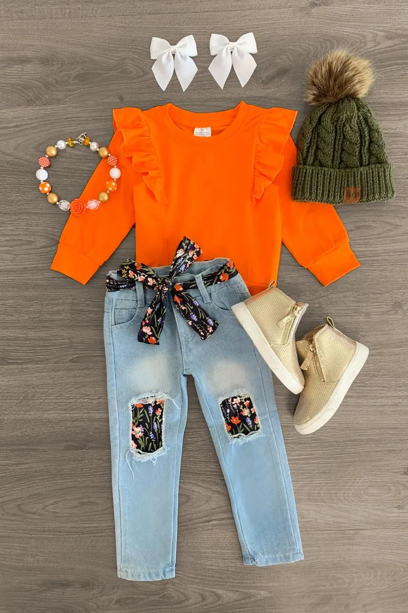 Orange & Floral Denim Pant Set