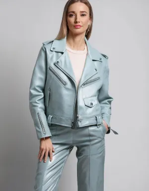 Pastel Blue Leather Blazer Jacket