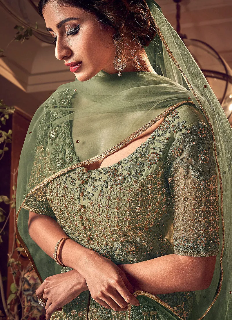 Pastel Green Motif Embroidered Jacket Style Anarkali Lehenga