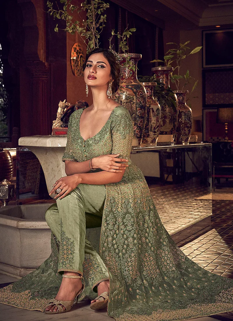 Pastel Green Motif Embroidered Jacket Style Anarkali Lehenga