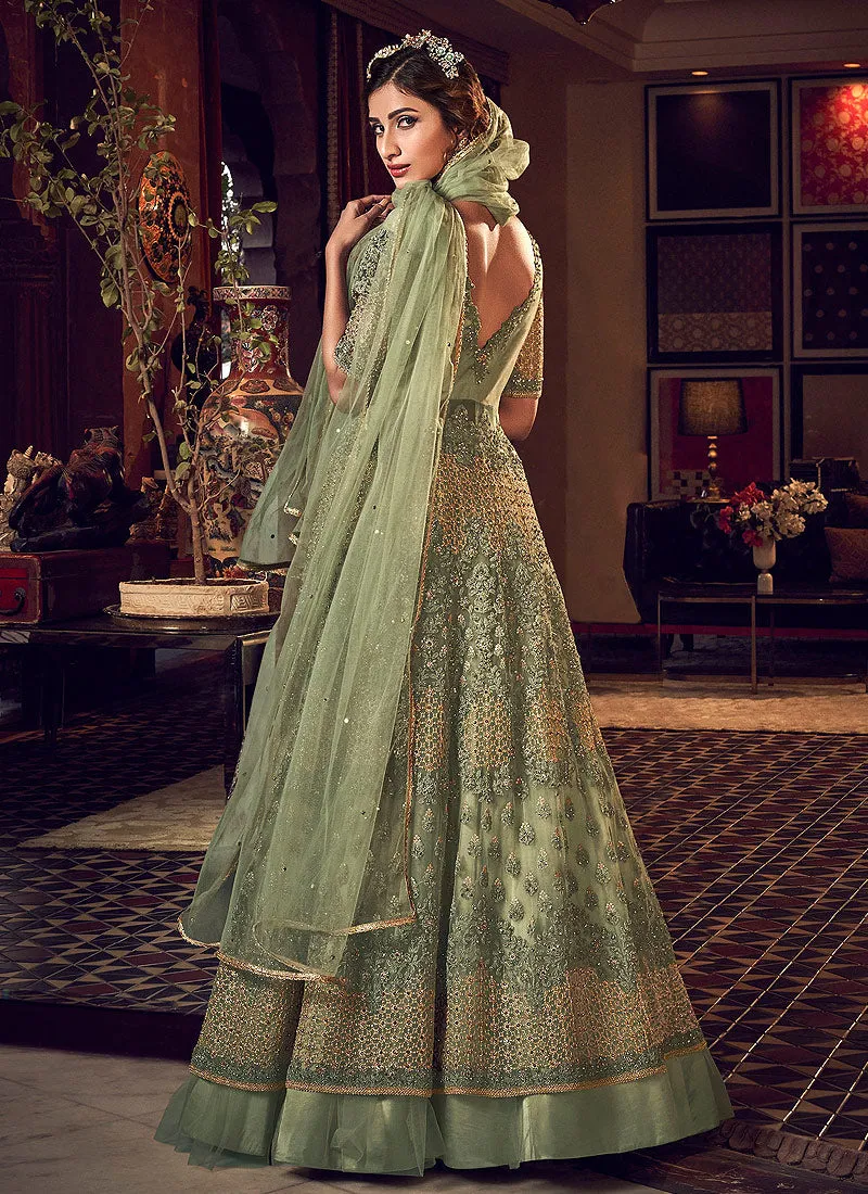 Pastel Green Motif Embroidered Jacket Style Anarkali Lehenga