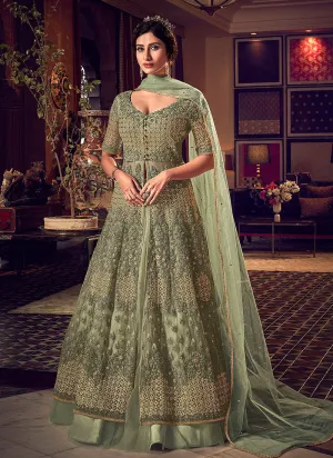 Pastel Green Motif Embroidered Jacket Style Anarkali Lehenga