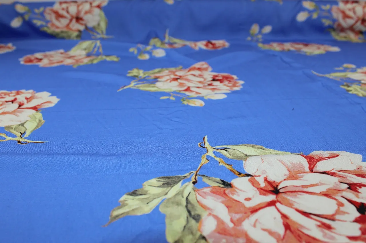 Peony Paradel Rayon Challis - Corals/Greens on Periwinkle