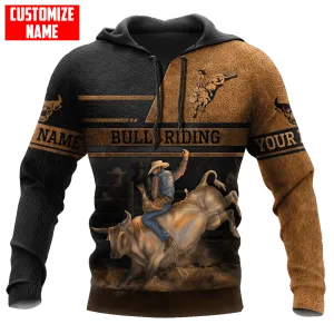 Personalized Bull Riding Brown Line Hoodie, 3D All Over Printed Leather Pattern Cowboy Hoodie