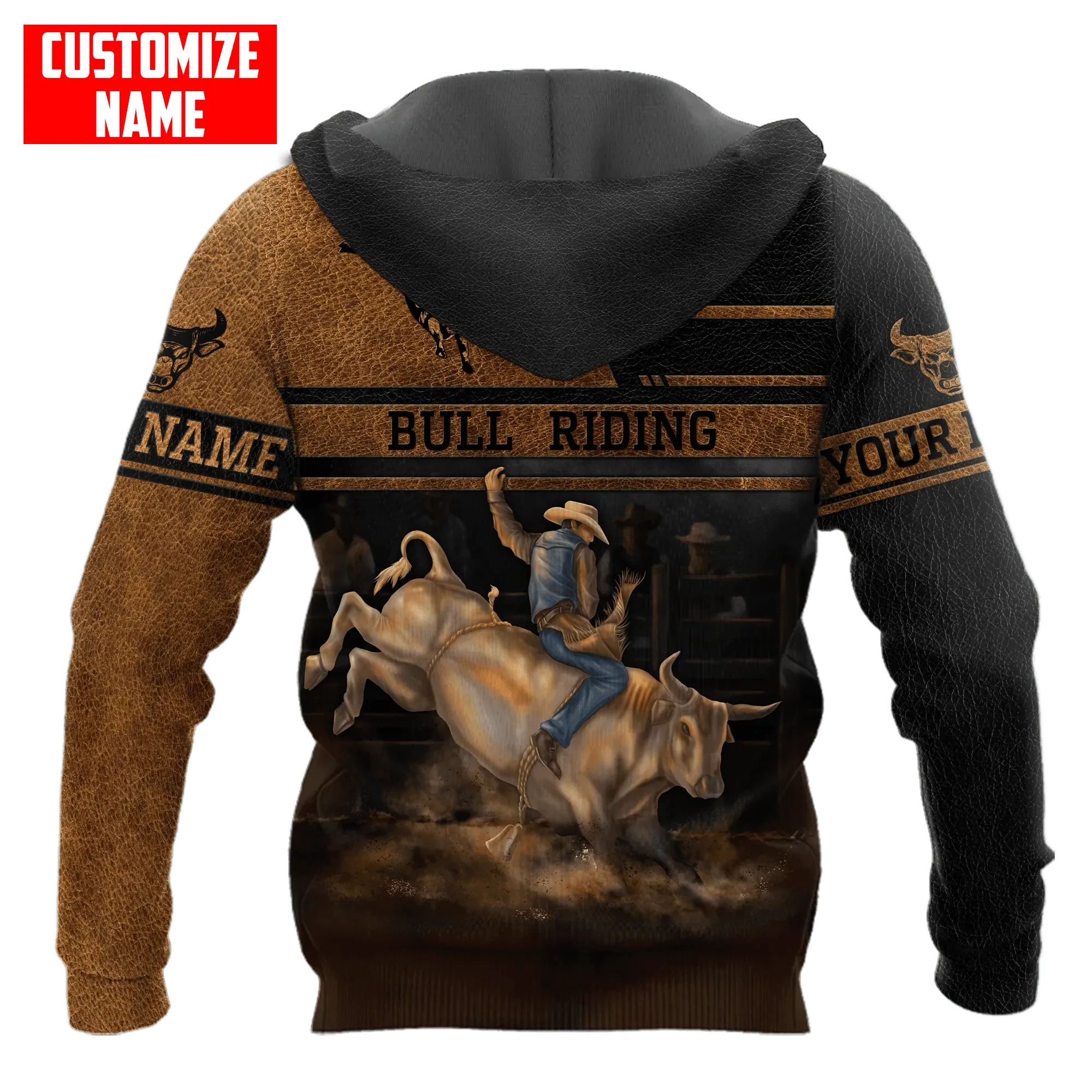 Personalized Bull Riding Brown Line Hoodie, 3D All Over Printed Leather Pattern Cowboy Hoodie