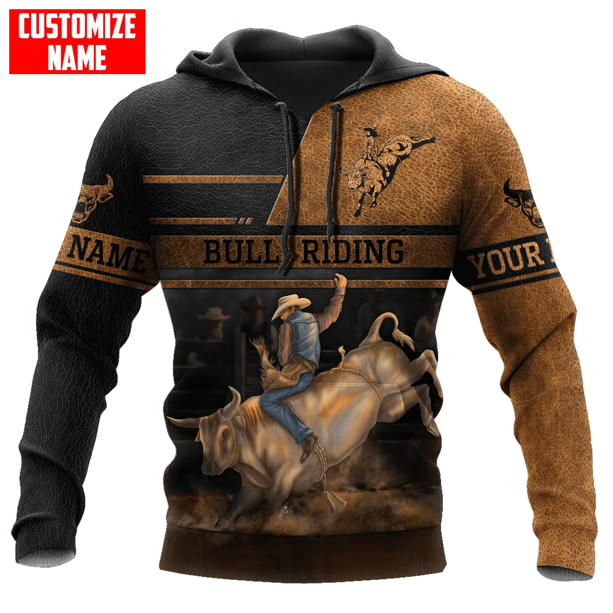 Personalized Bull Riding Brown Line Hoodie, 3D All Over Printed Leather Pattern Cowboy Hoodie