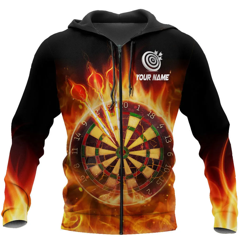 Personalized Name Darts Fire All Over Printed Unisex Shirt, Skull Fire Hoodie Shirt, Idea Gift for Dart Player