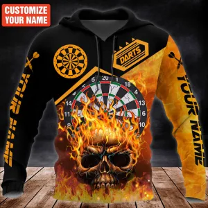 Personalized Name Darts Fire All Over Printed Unisex Shirt, Skull Fire Hoodie Shirt, Idea Gift for Dart Player