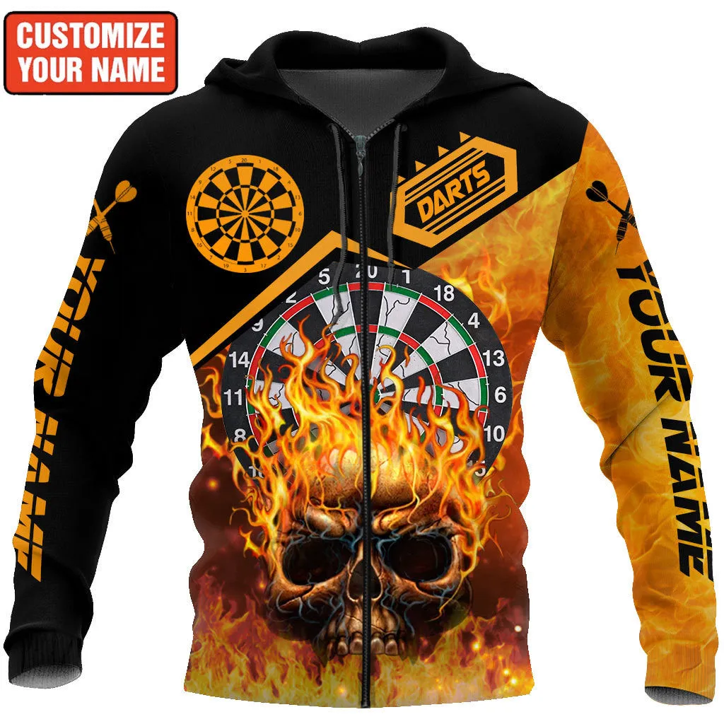 Personalized Name Darts Fire All Over Printed Unisex Shirt, Skull Fire Hoodie Shirt, Idea Gift for Dart Player