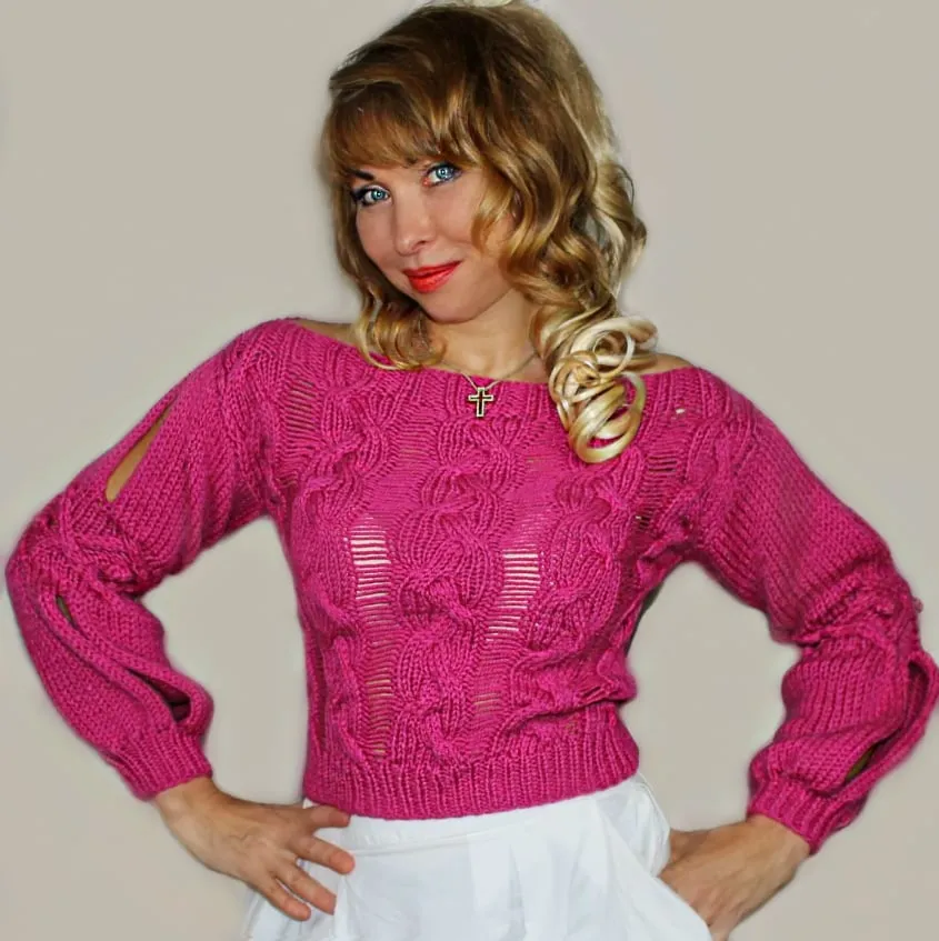 Pink Designer Handmade Loose Knit Wool Sweater with cables and slits on sleeves