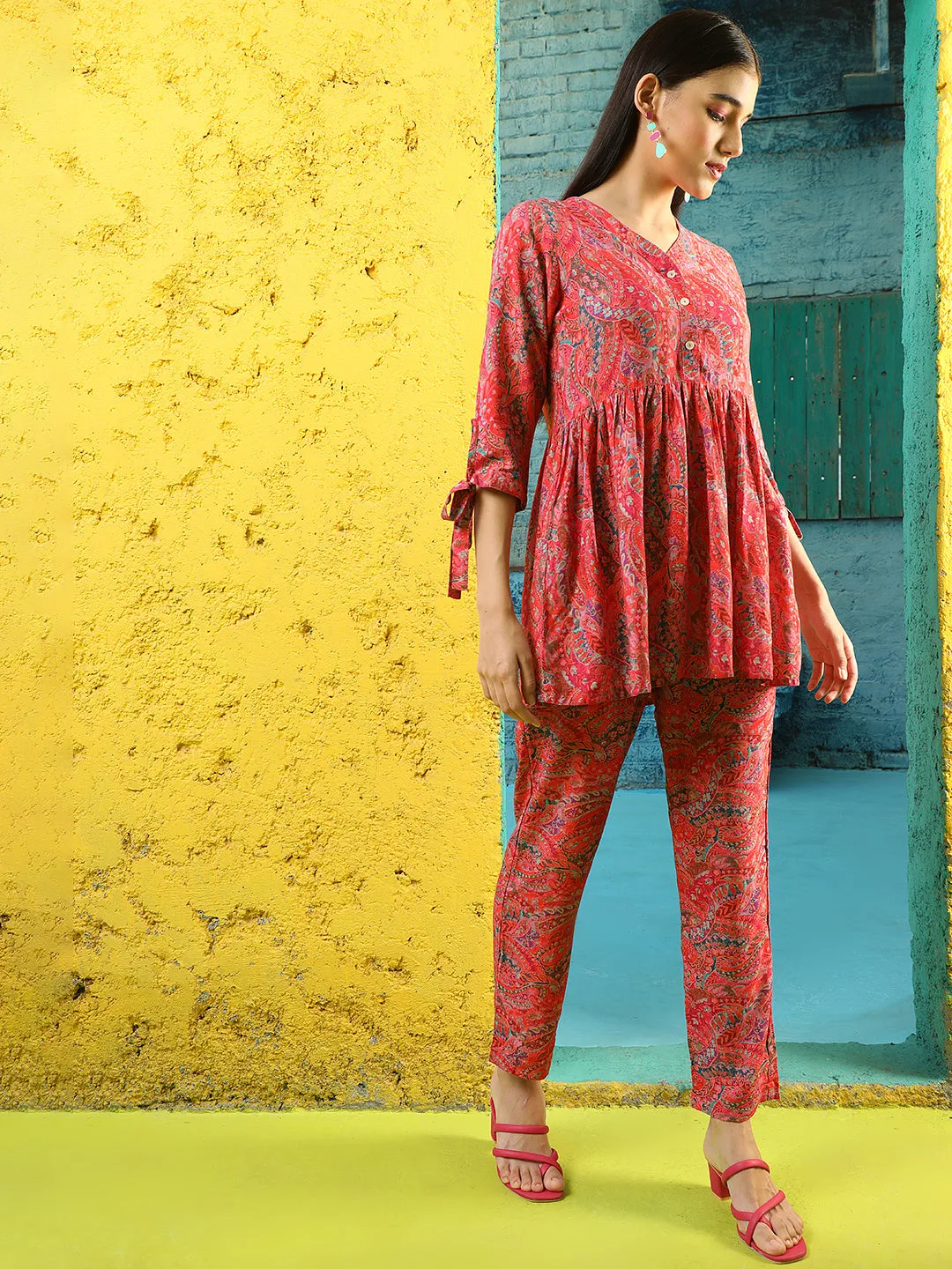 Pink Paisley Printed Peplum Short Kurta With Pants Co-ord Set