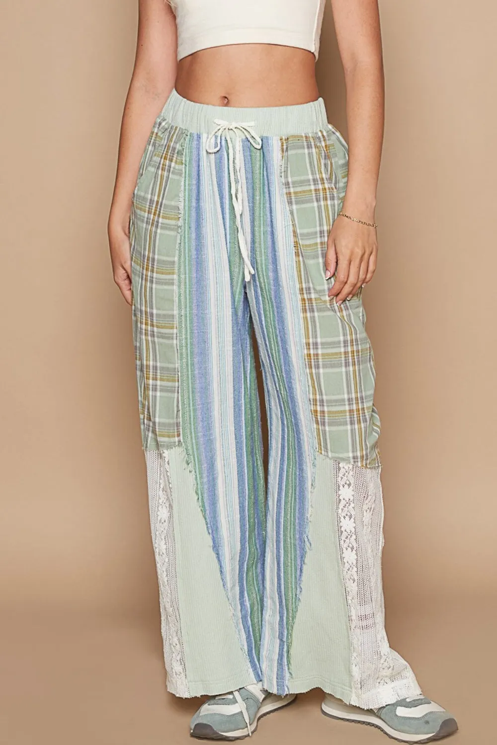 POL Plaid Print Lace Straight Pants