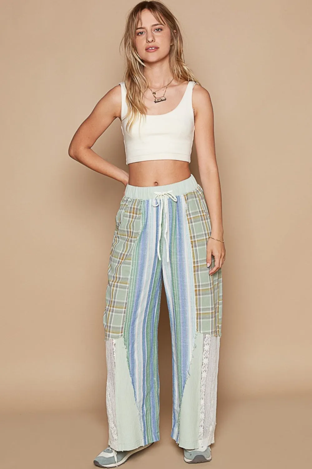 POL Plaid Print Lace Straight Pants