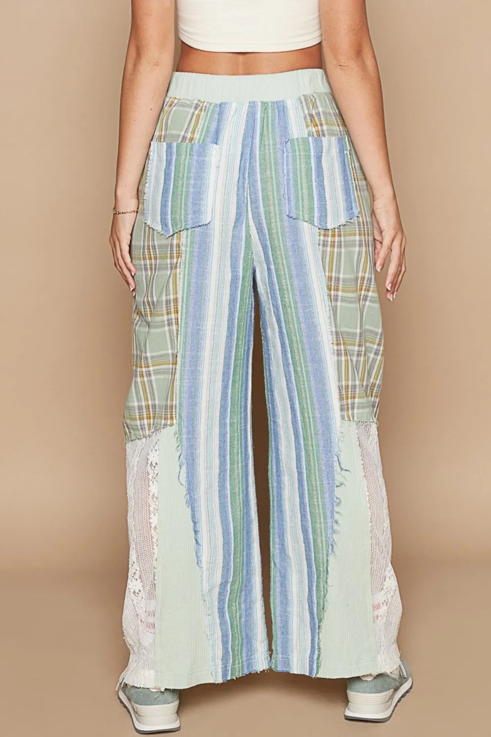 POL Plaid Print Lace Straight Pants