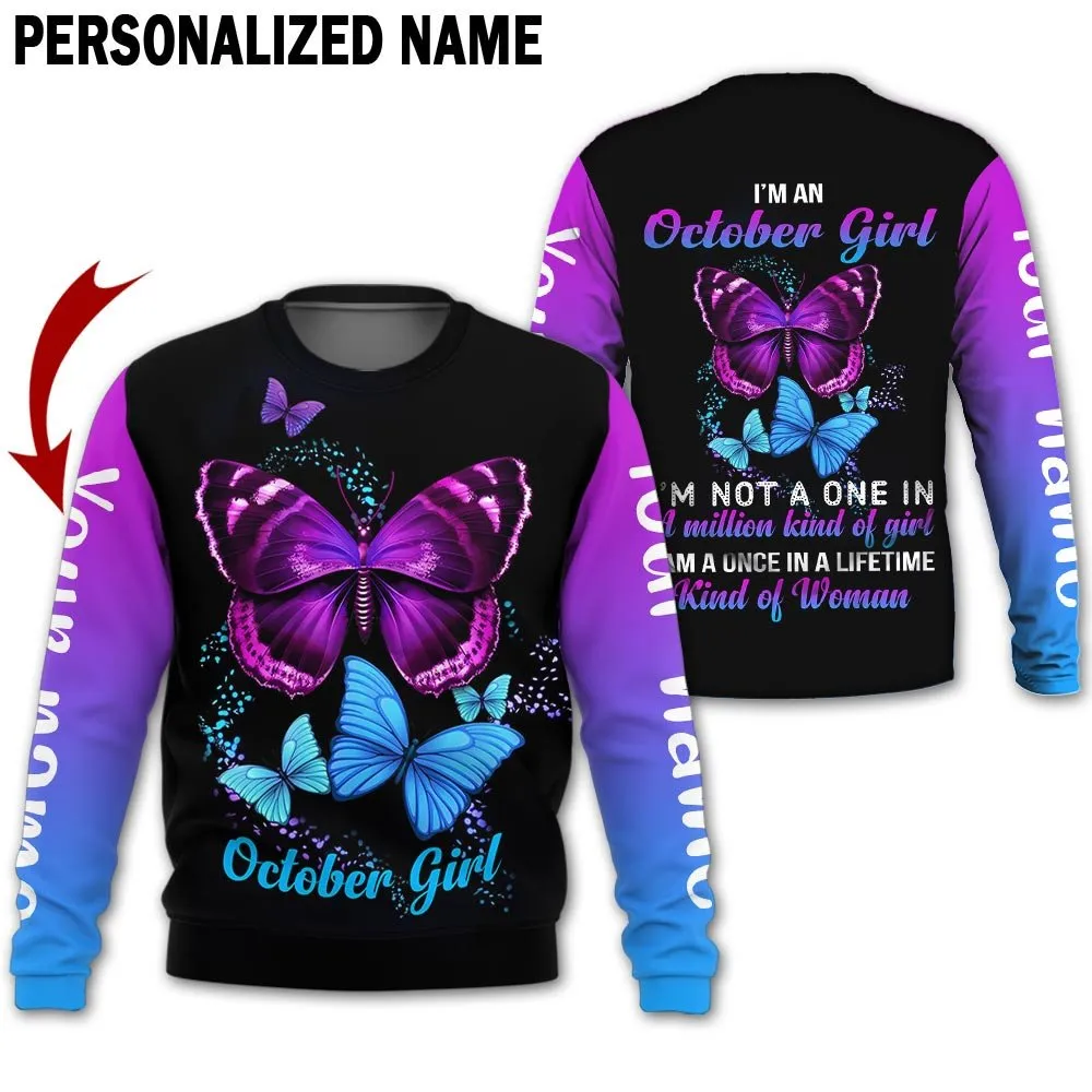 Presonalized Name Birthday Outfit October Girl 3D All Over Printed Bufterfly Purple And Blue Birthday Shirt