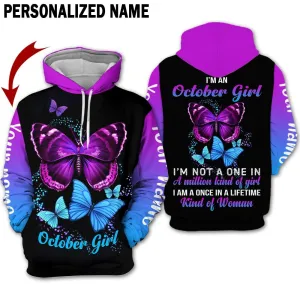 Presonalized Name Birthday Outfit October Girl 3D All Over Printed Bufterfly Purple And Blue Birthday Shirt