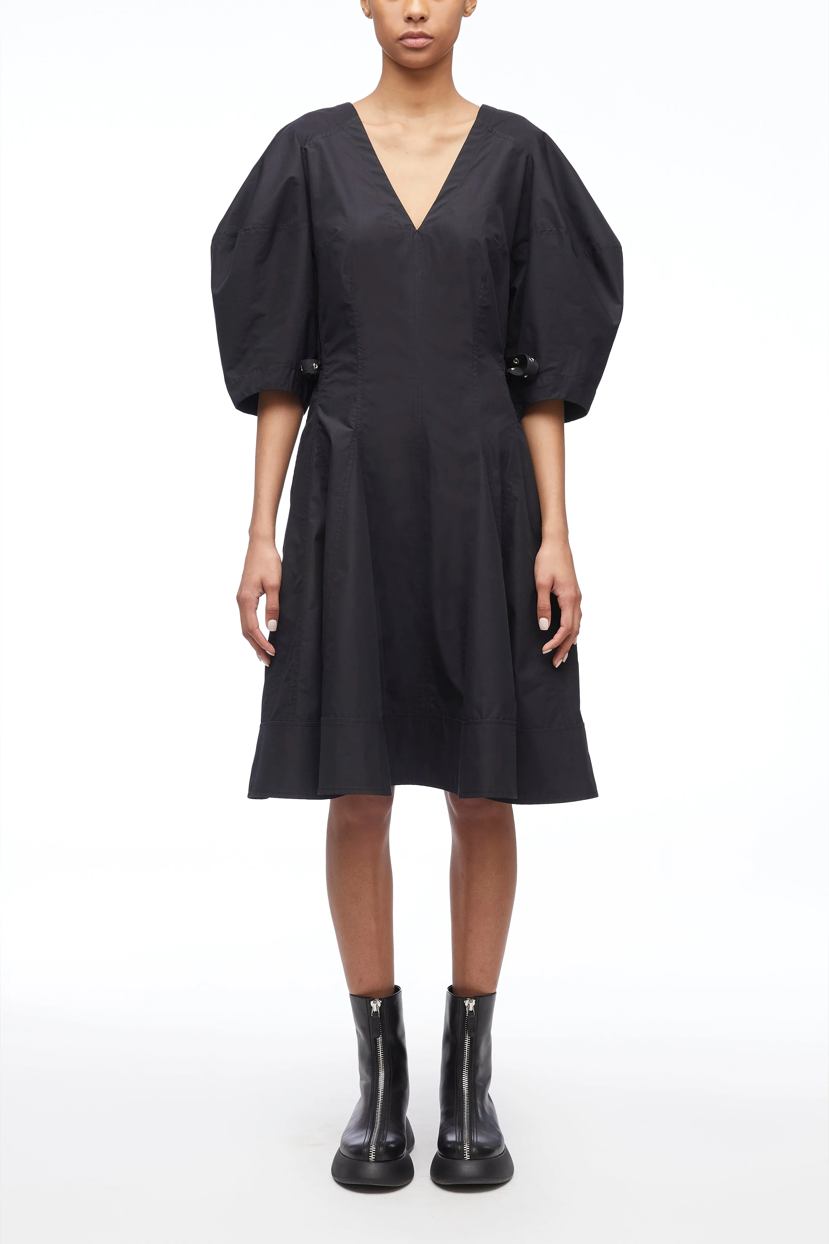 Puff Sleeve V-Neck Short Godet Dress