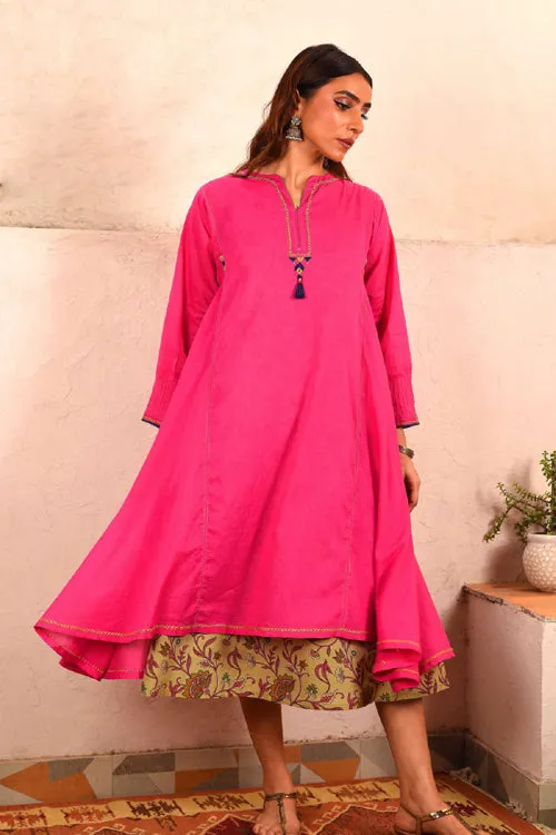 Rangsutra Saheli Double Layer Hand Embroidered Pink Mulmul Cotton Kurta Dress With Printed Beige Slip