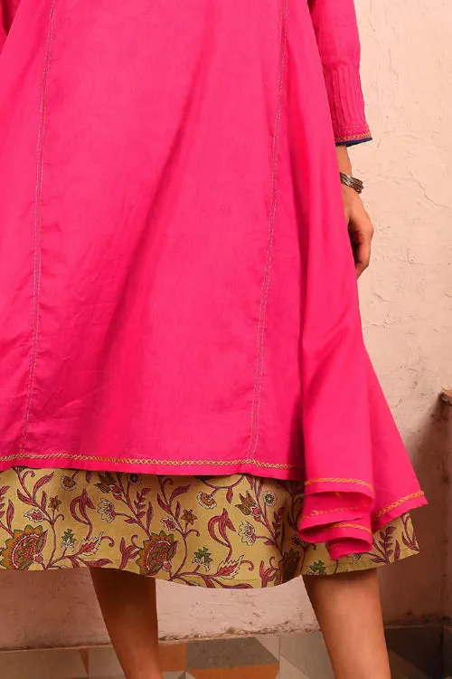 Rangsutra Saheli Double Layer Hand Embroidered Pink Mulmul Cotton Kurta Dress With Printed Beige Slip