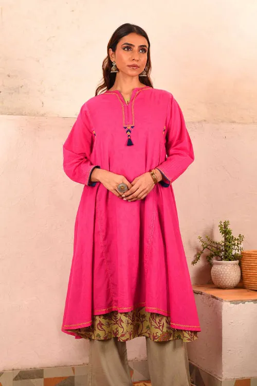 Rangsutra Saheli Double Layer Hand Embroidered Pink Mulmul Cotton Kurta Dress With Printed Beige Slip