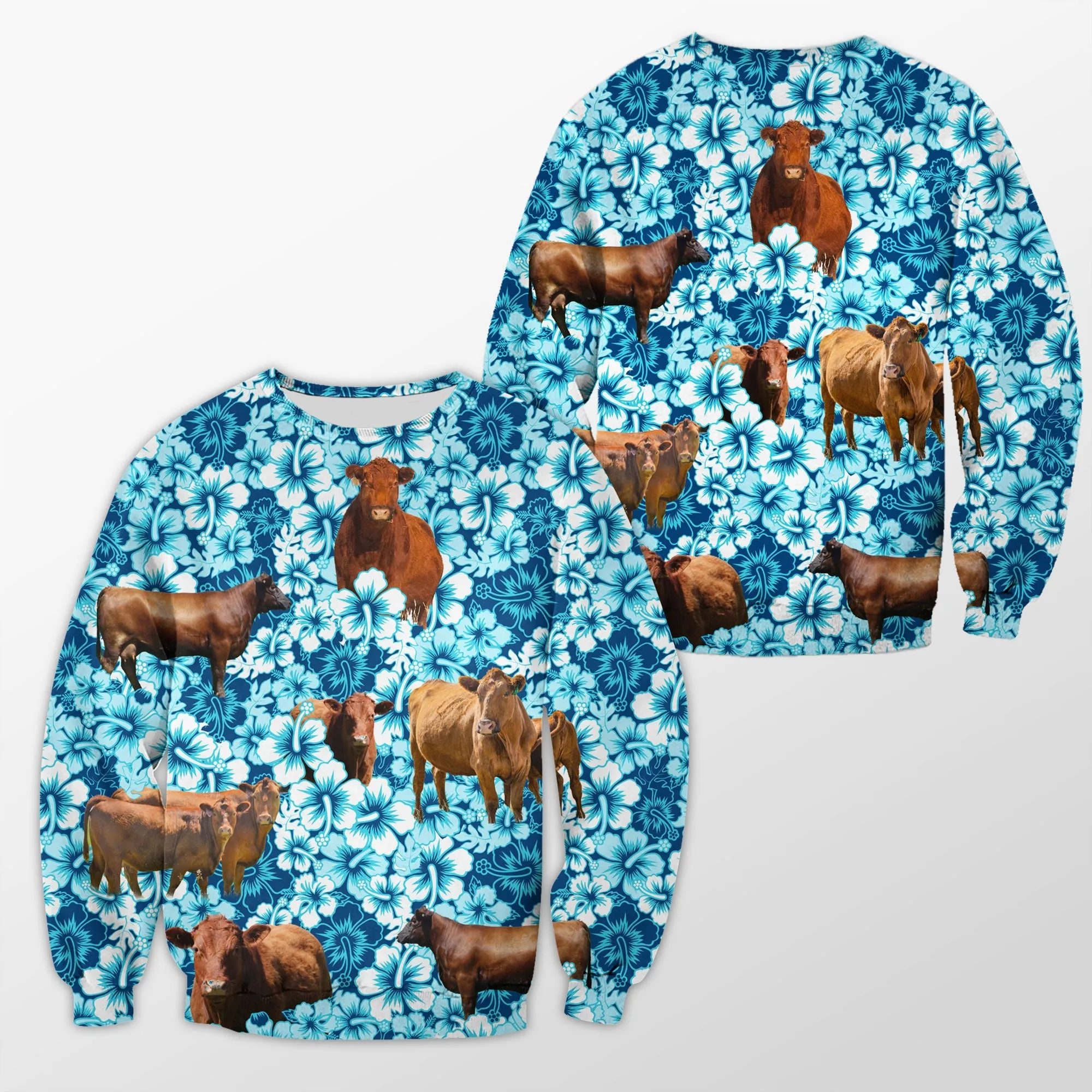 Red and Black Angus Blue Hibiscus Crewneck Sweatshirt, Christmas Shirt for Farmer