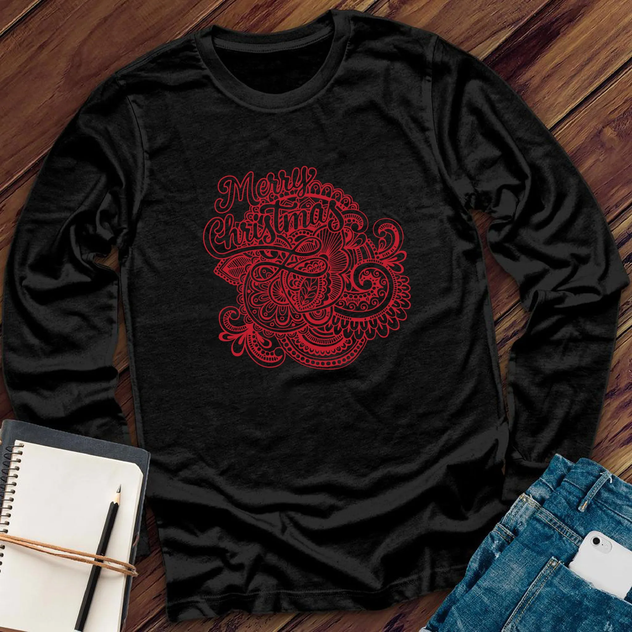 Red Merry Christmas Mandala Long Sleeve