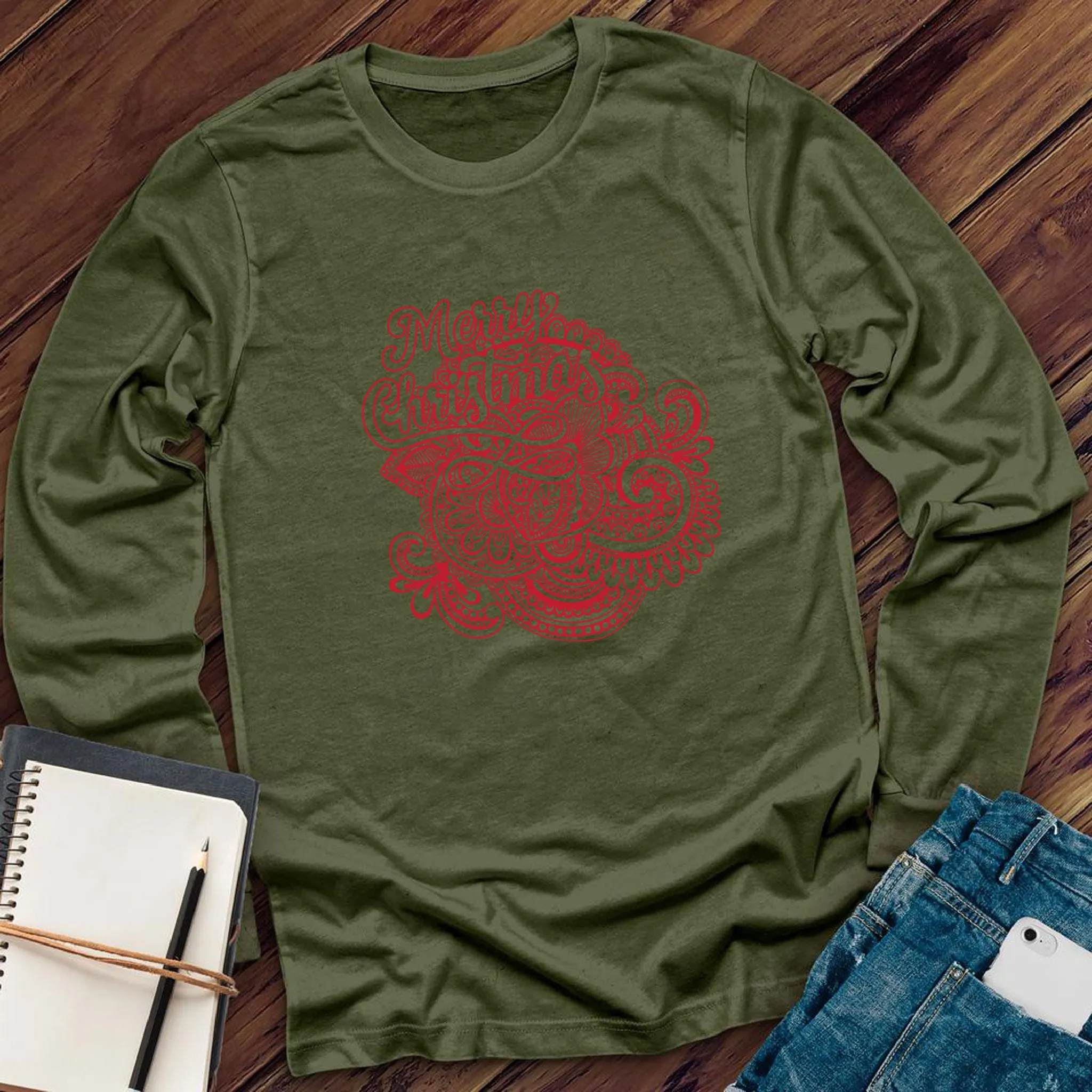 Red Merry Christmas Mandala Long Sleeve