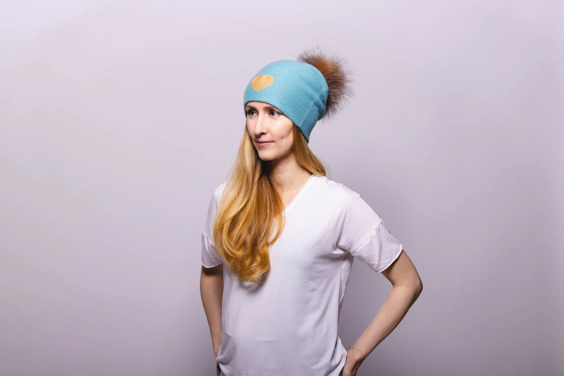 Reversible Slouchy Teal Cashmere Hat with Gold Heart and Crystal Pom-Pom