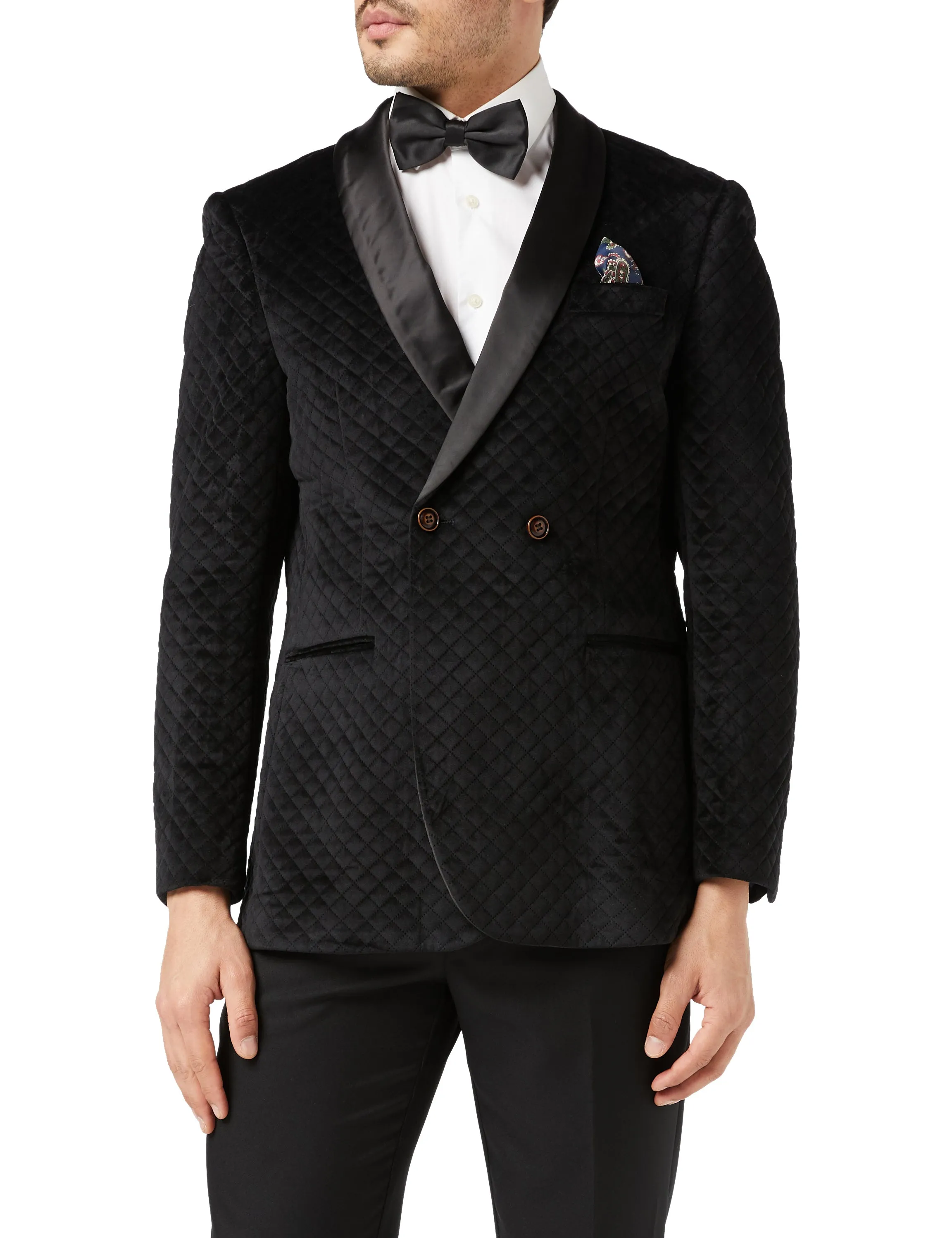 RHOM - Black Quilted Velvet Double Breasted Tuxedo  Jacket