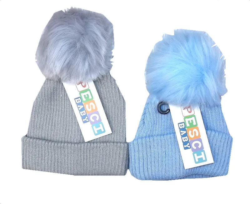 Ribbed Beanie Hat With Furry Pom Pom - Grey