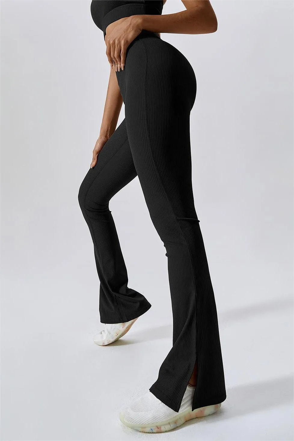 Ribbed High Waist Split Flare Leggings