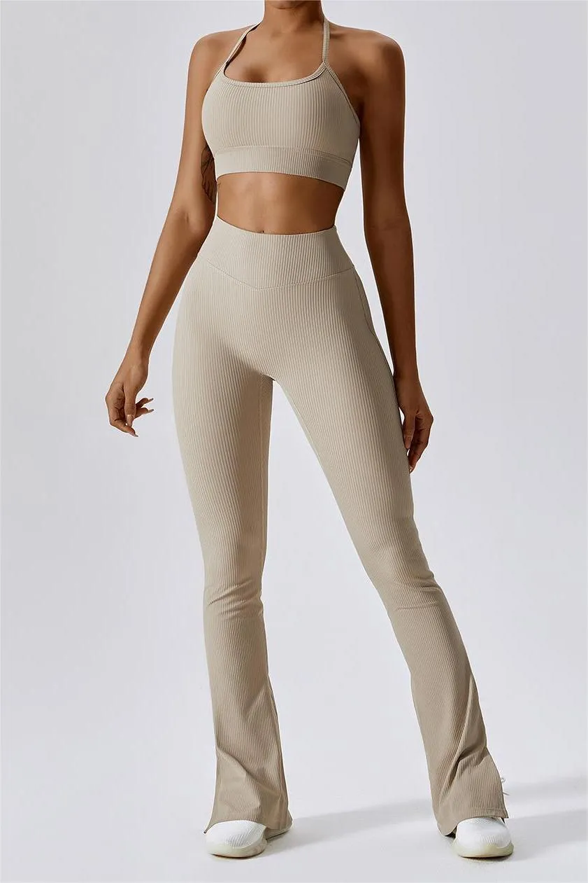 Ribbed High Waist Split Flare Leggings