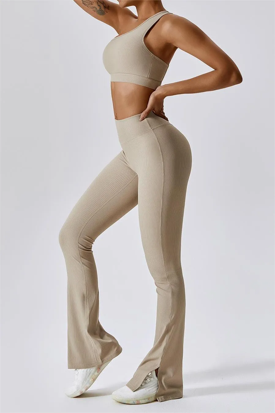 Ribbed High Waist Split Flare Leggings