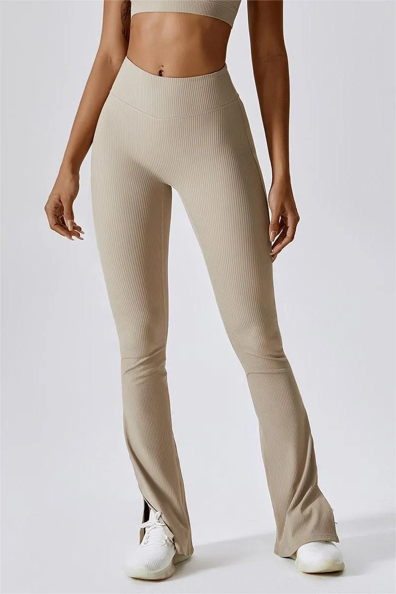 Ribbed High Waist Split Flare Leggings