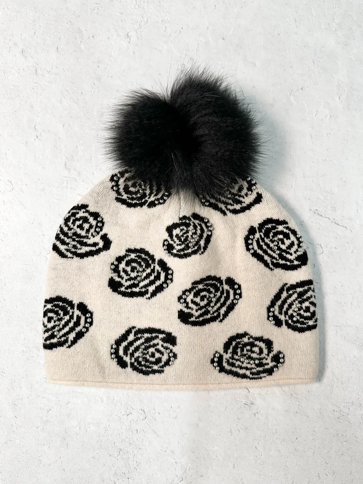 Rose Pattern Studded Fur Pom Pom Beanie Hat, Ivory