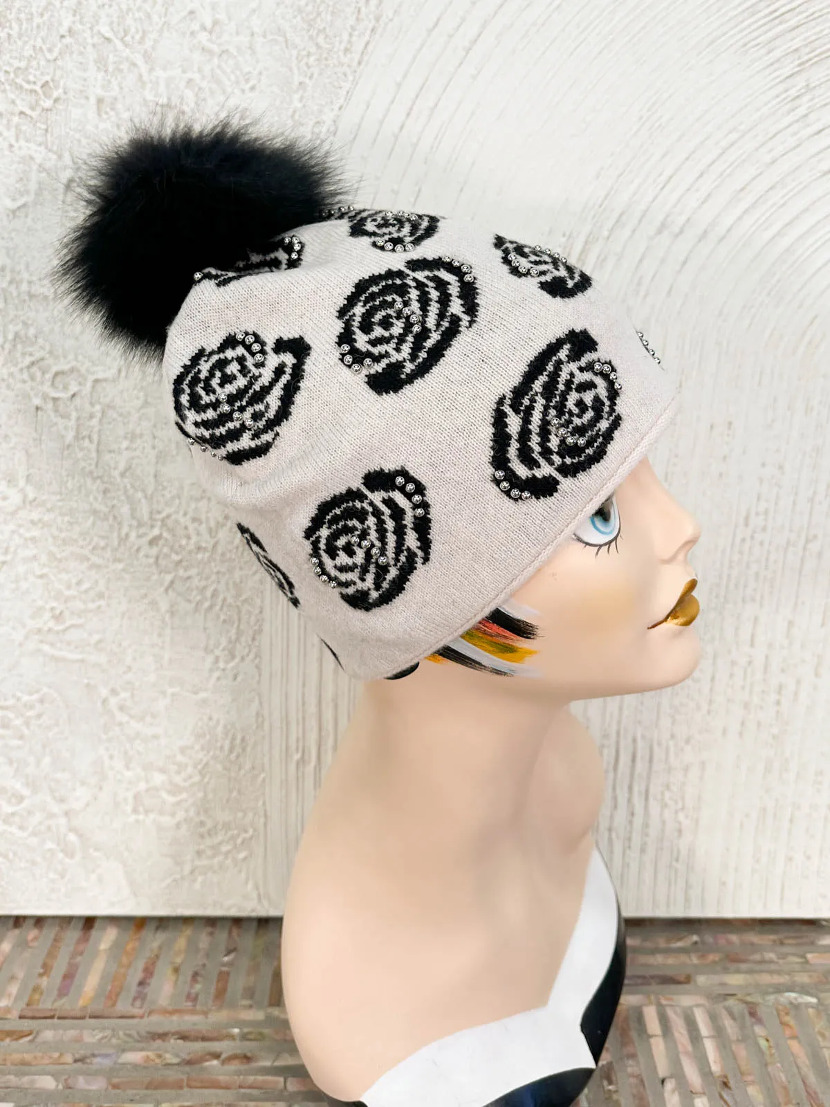 Rose Pattern Studded Fur Pom Pom Beanie Hat, Ivory